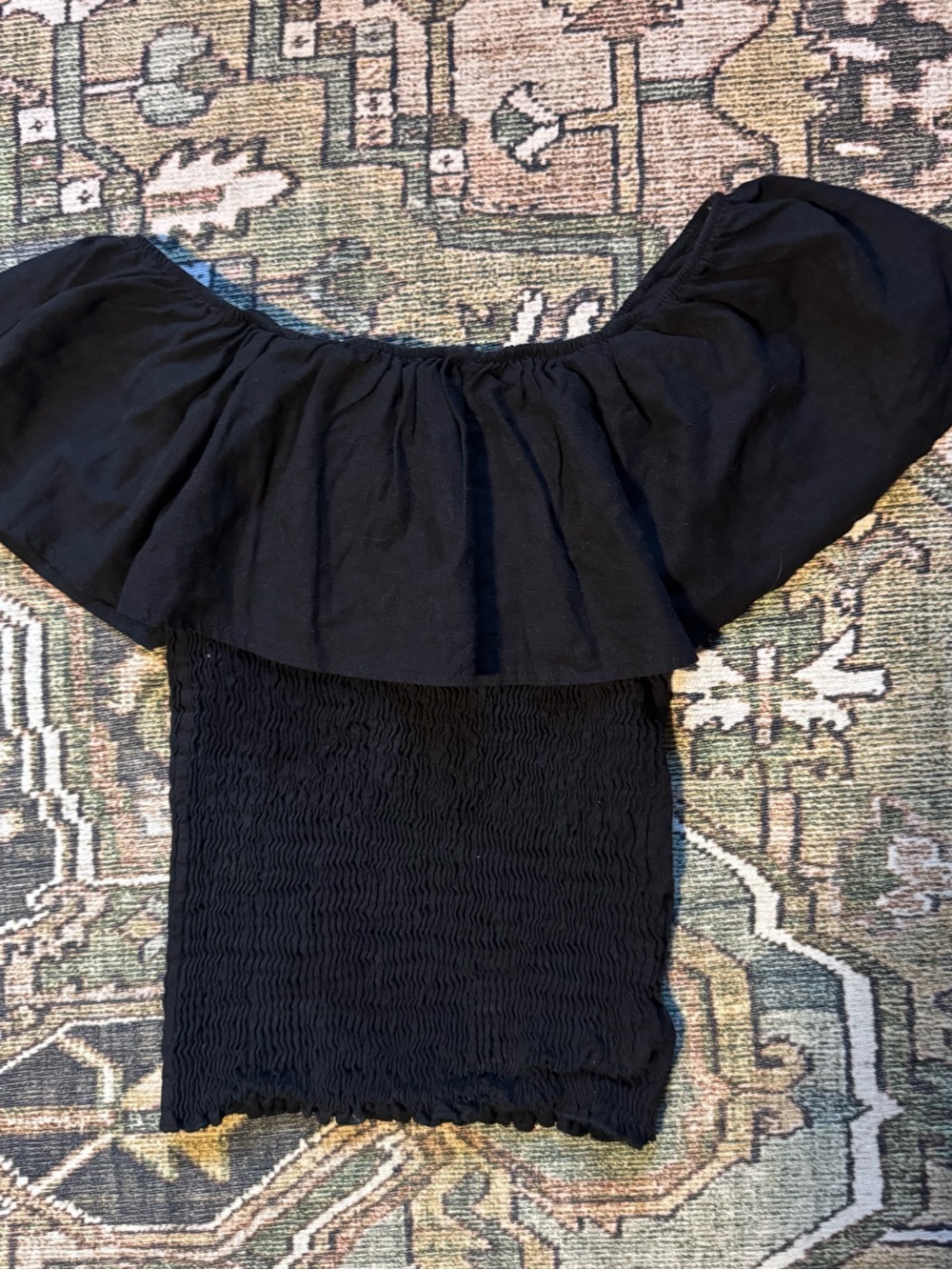 Blue Leopard Off-Shoulder Black Shirred Ruffled Top 1X